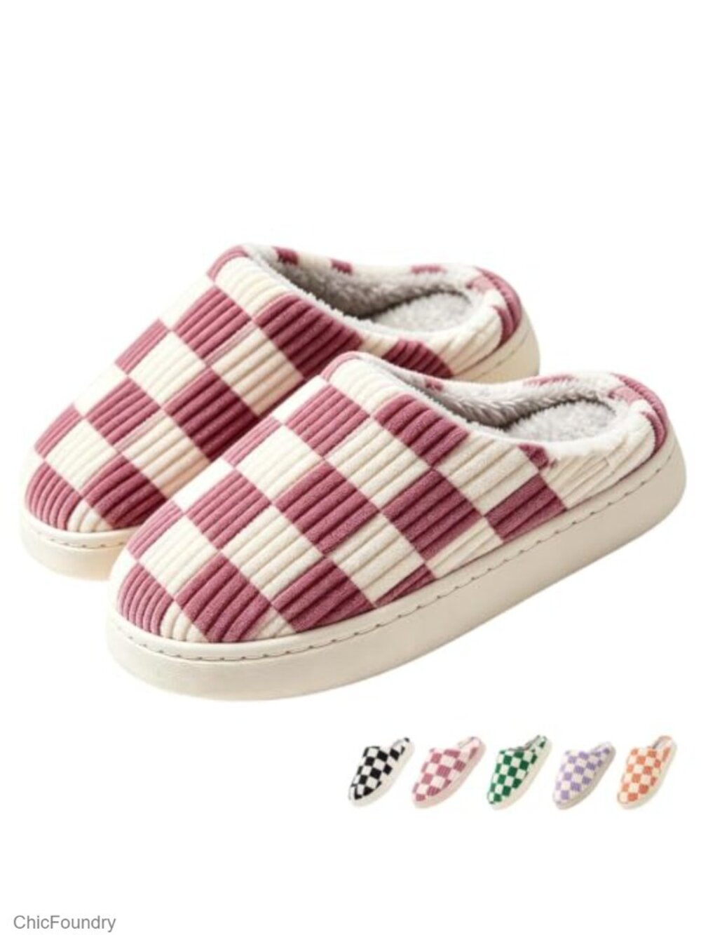 Checkered Slippers Women Men Fuzzy Memory Foam Plush Corduroy House Shoes